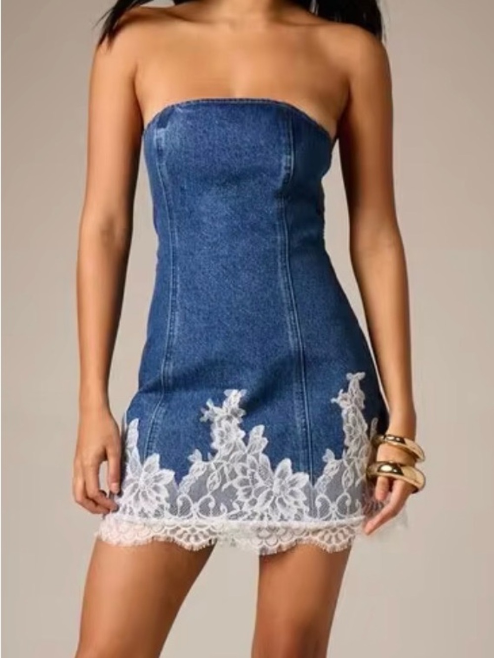 Strapless Blue Denim Mini Dress with White Lace Trim